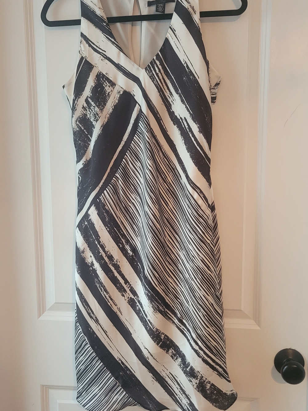 Kenneth Cole Black and White Striped V-Neck Midi Dress